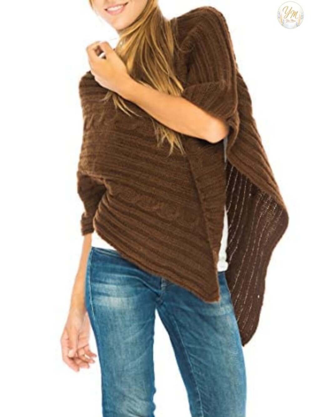 Cable Knit Boho Poncho Sweater Cape Asymmetrical Draping